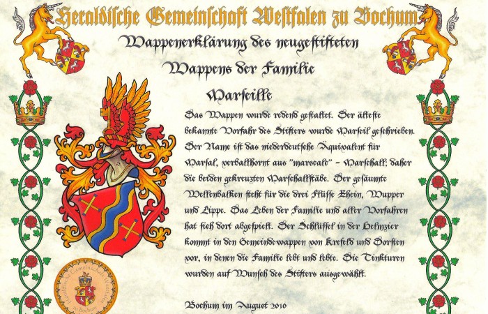 Die Urkunde des Wappens der Familie Marseille aus Krefeld